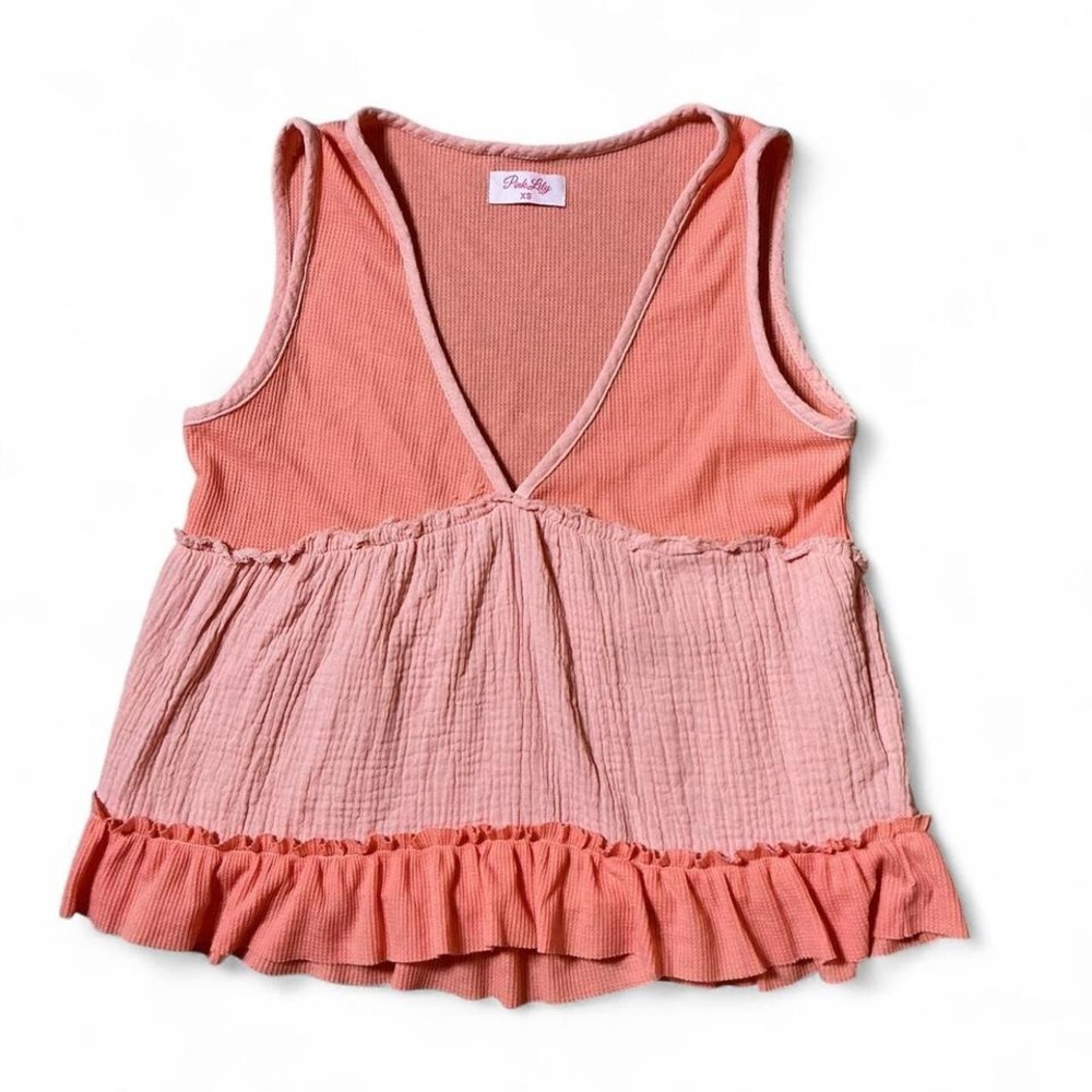 Pink Lily‎ Coral Pink Waffle Knit Gauze Babydoll V-Neck Ruffle Tank Top XS